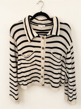 Blu Pepper Cream Dark Stripe Collared Button Front Cardigan S